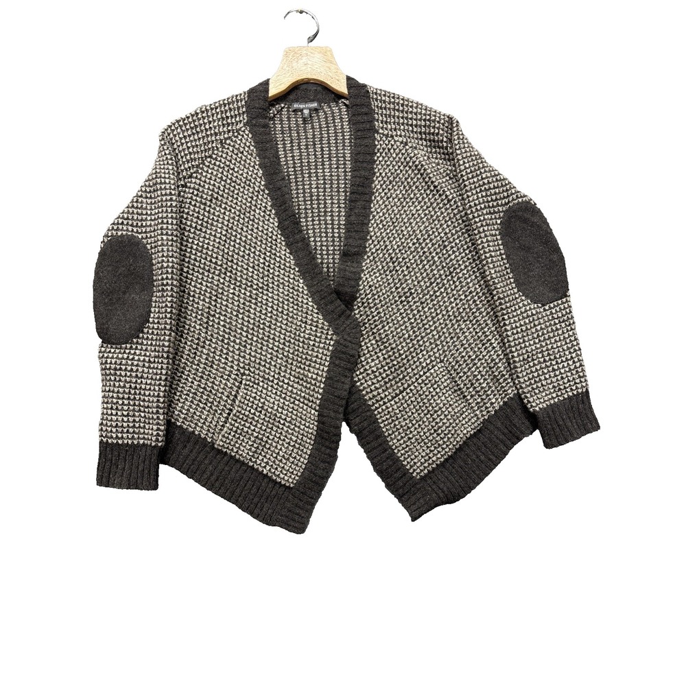 Eileen Fisher Cardigan M Grey Yak Wool Elbow Patch Open Front Textured Sweater
